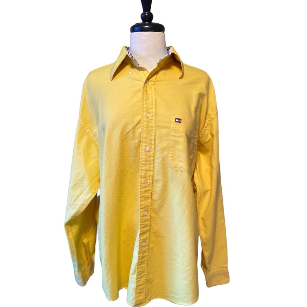 VTG 90s Tommy Hilfiger Yellow Long Sleeve Button Down Up Shirt Sz L Preppy Flag